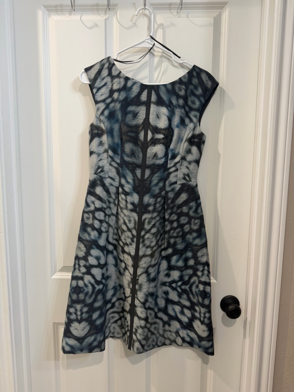 Kay Unger Blue and Gray Abstract Fit-and-Flare Midi Dress